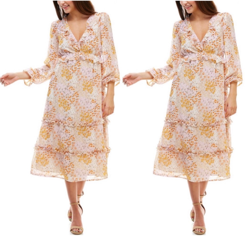Floral print tiered ruffle midi dress 3/4 slv - Picture 3 of 8
